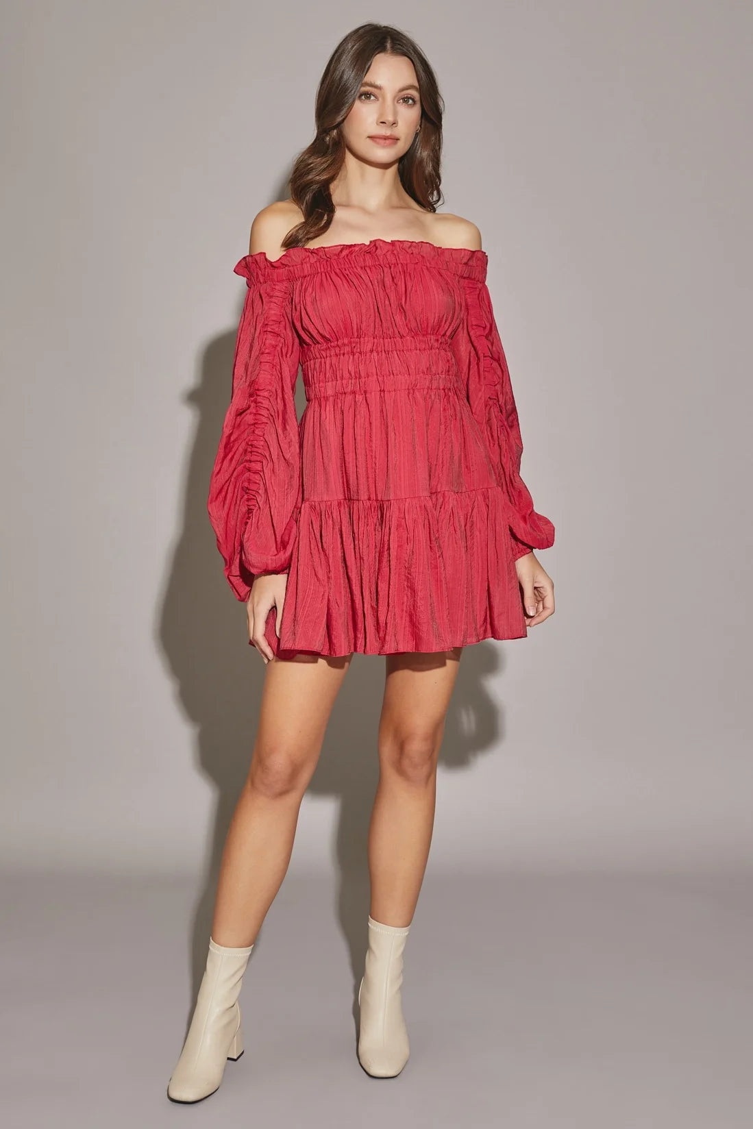 Off The Shoulder Shirred Tiered Hem Mini Dress