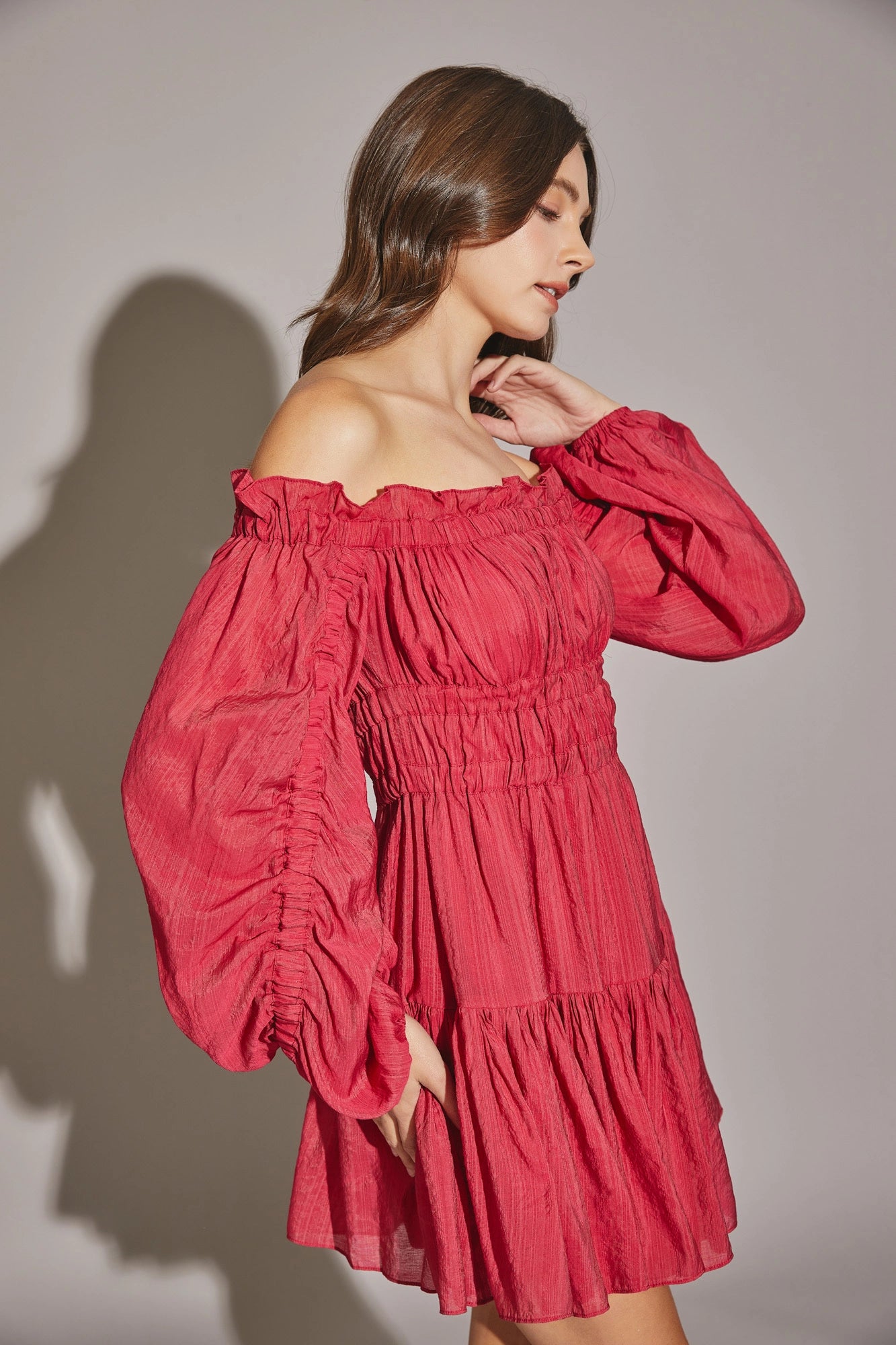 Off The Shoulder Shirred Tiered Hem Mini Dress