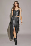 Faux Leather Front Slit Cargo Drawstring Midi Skirt