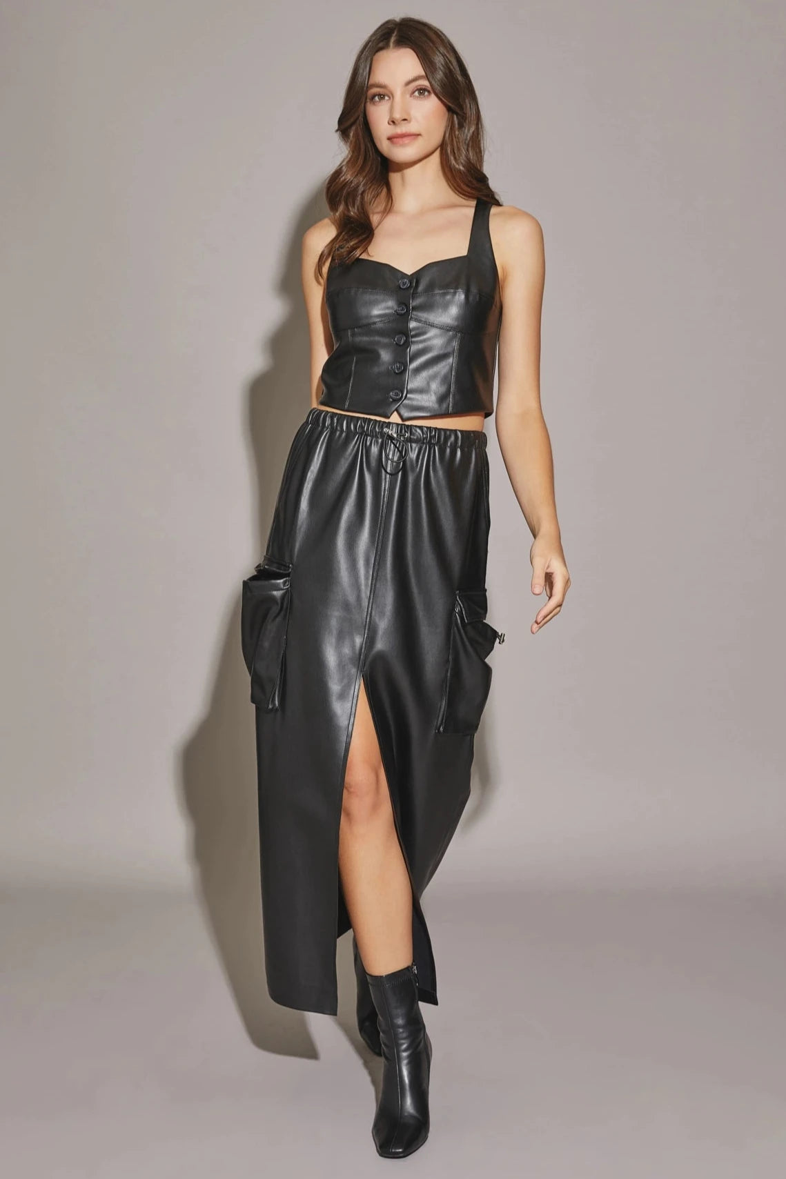 Faux Leather Front Slit Cargo Drawstring Midi Skirt