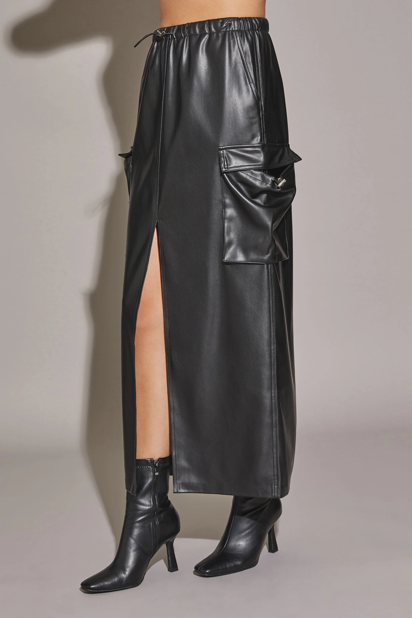 Faux Leather Front Slit Cargo Drawstring Midi Skirt