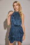 Satin Jeweled Halter Neckline Tiered Mini Romper Dress