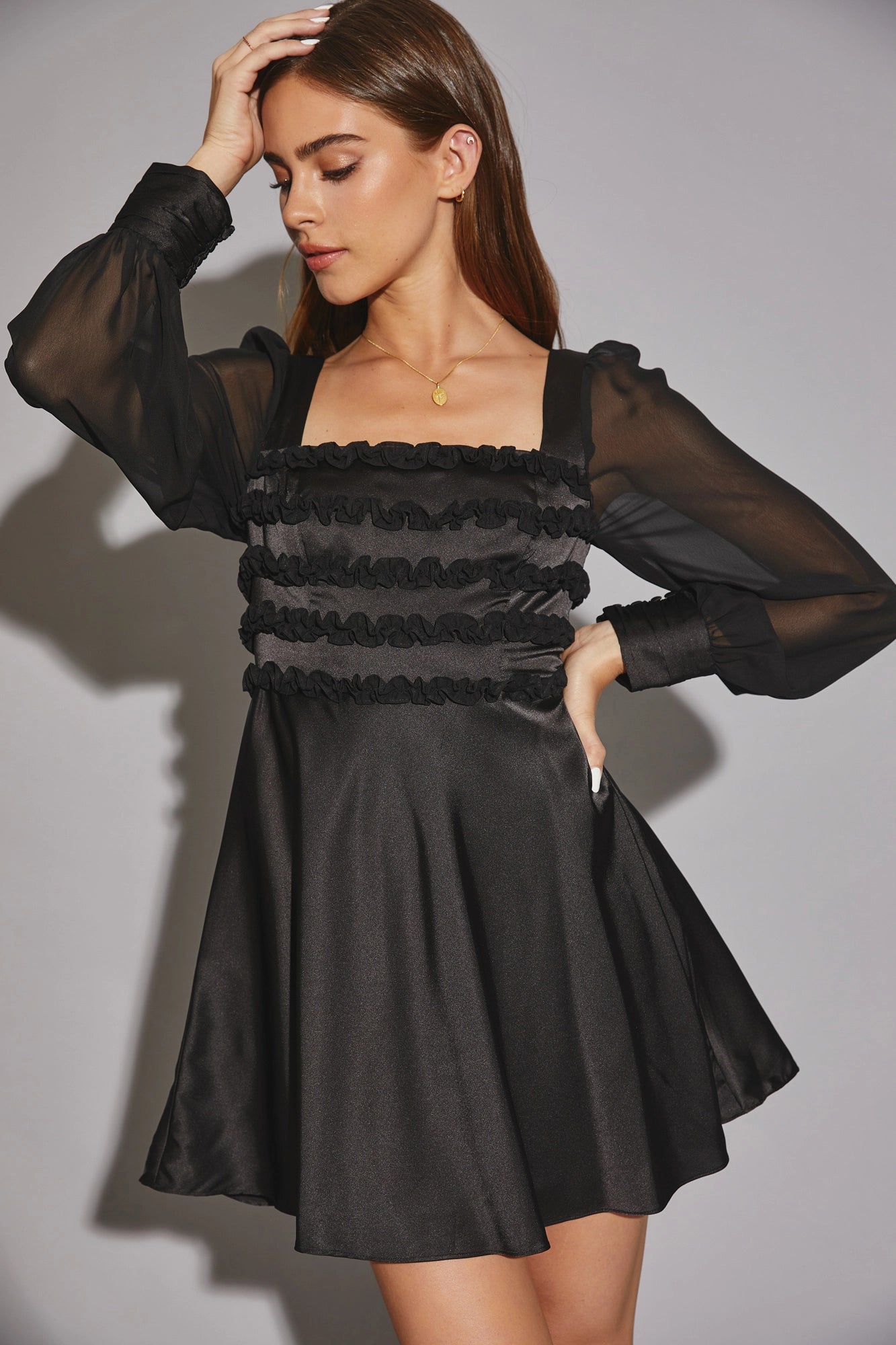 Satin Long Chiffon sleeve Ruffle Mini Dress