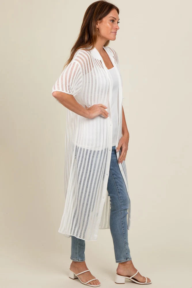 Lightweight Button Down Collar Sheer Duster Cover Up