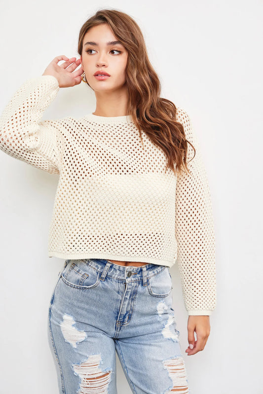 Open Hole Round Neck-Line Long Sleeve Knit Top