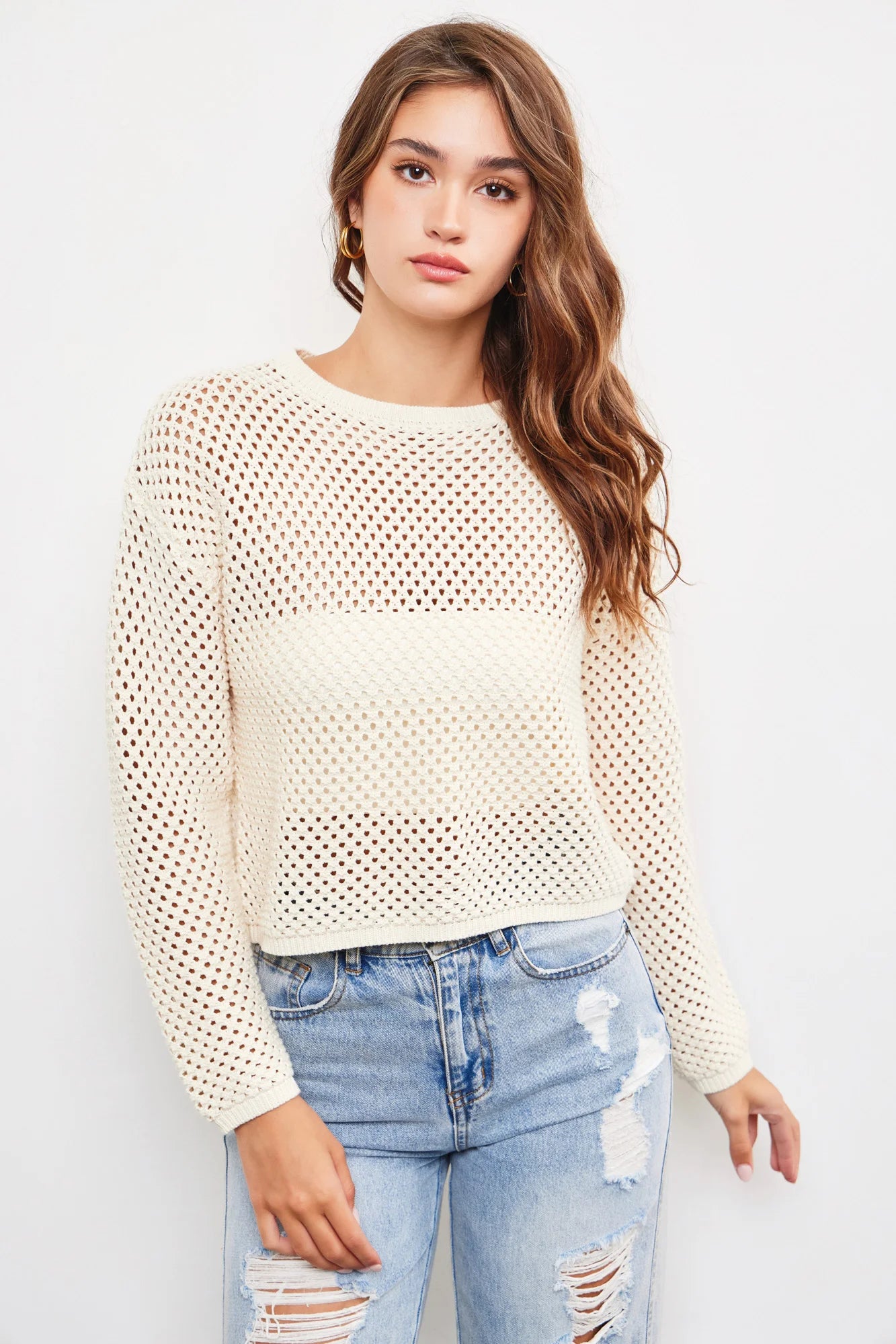 Open Hole Round Neck-Line Long Sleeve Knit Top