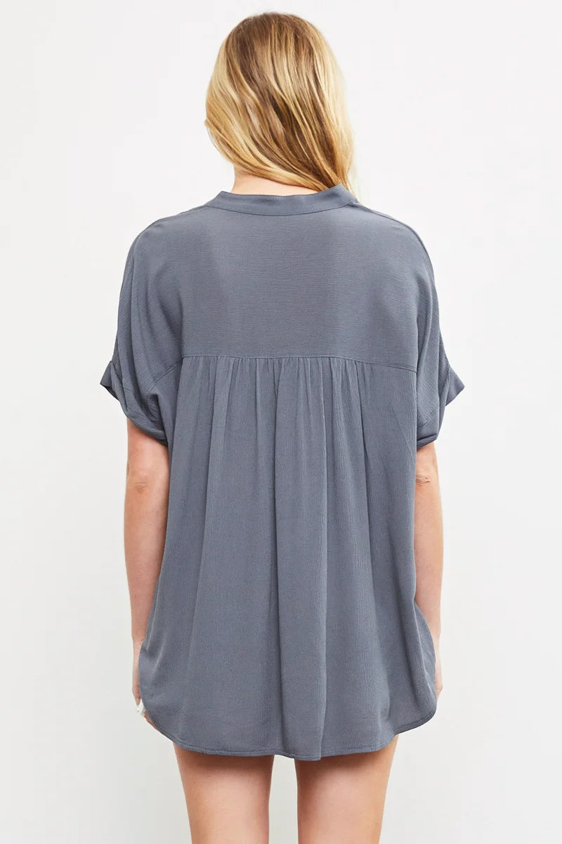 Split V-Neck Cuff-Look Short Sleeve Top