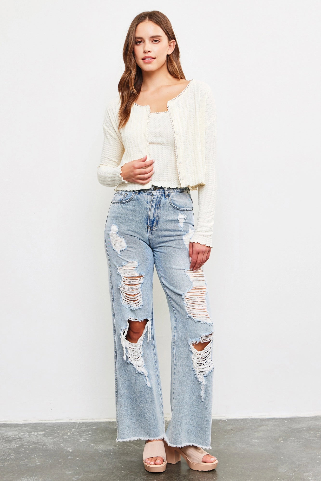 Waffle Knit Long Sleeve Crop Button Up Top