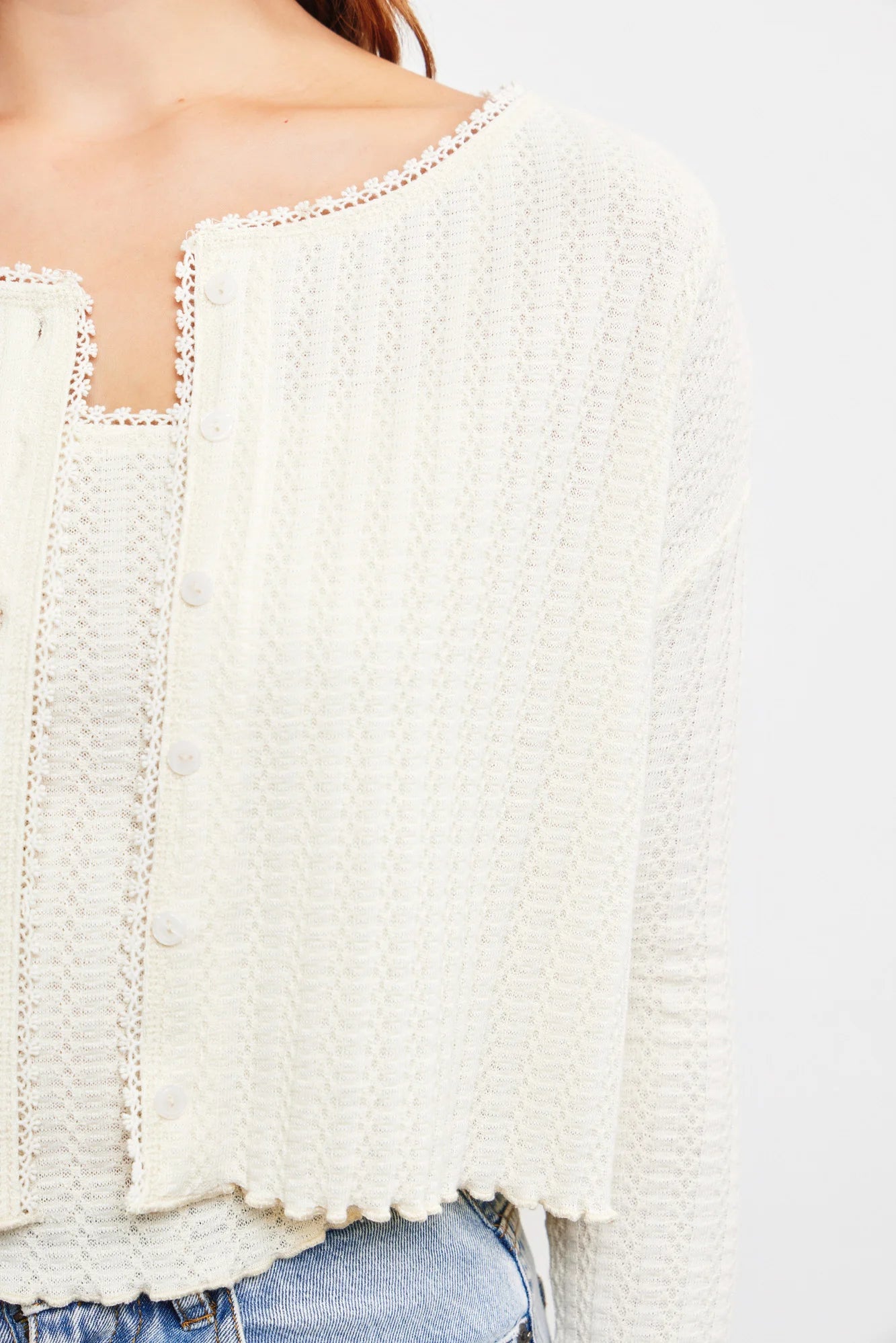 Waffle Knit Long Sleeve Crop Button Up Top