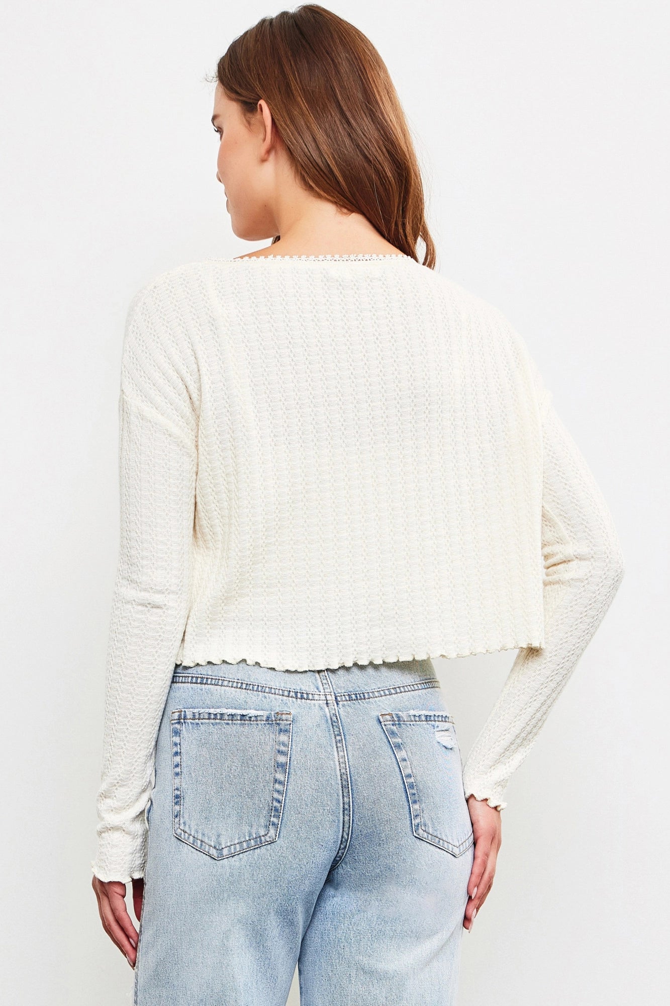 Waffle Knit Long Sleeve Crop Button Up Top