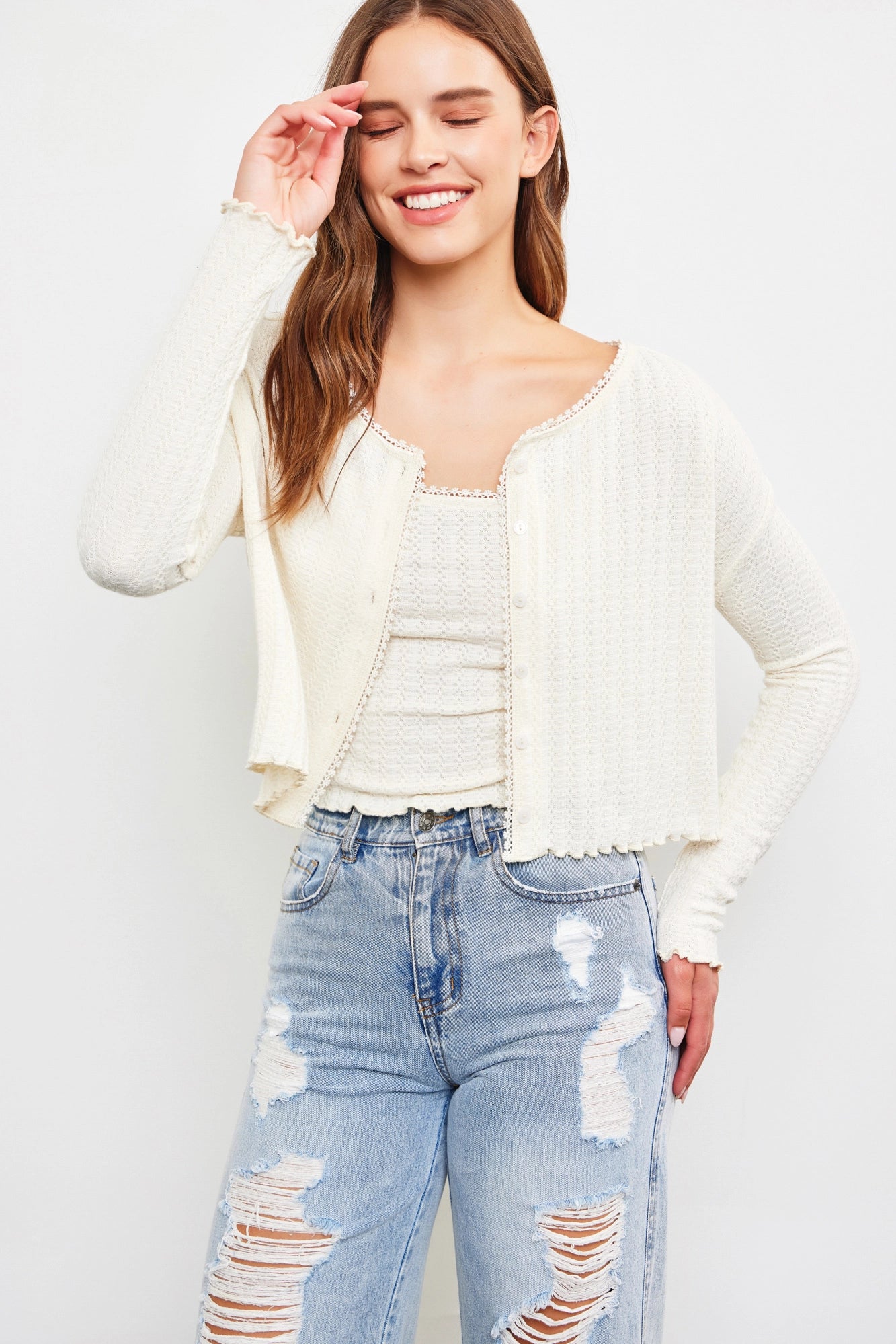 Waffle Knit Long Sleeve Crop Button Up Top