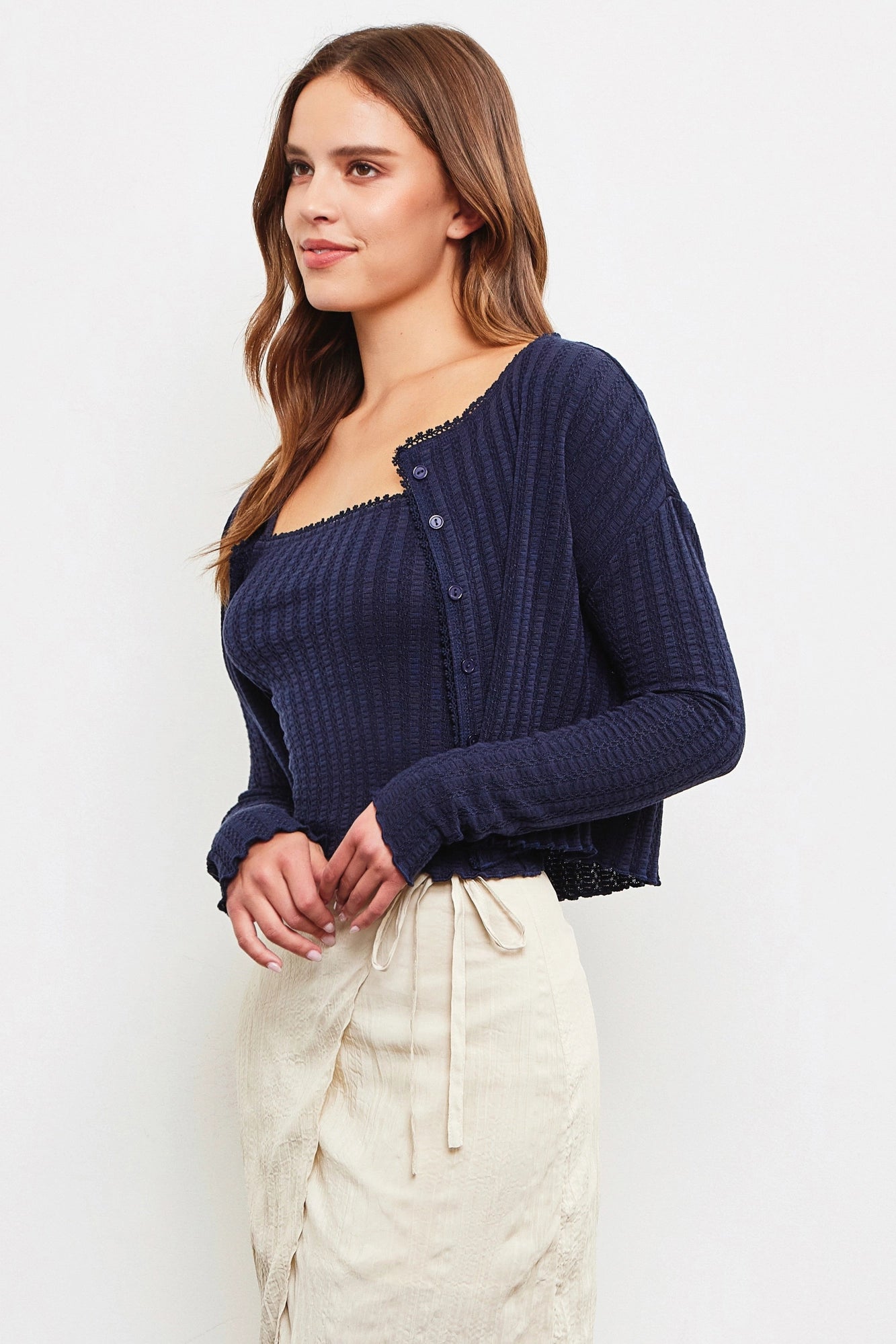 Waffle Knit Long Sleeve Crop Button Up Top