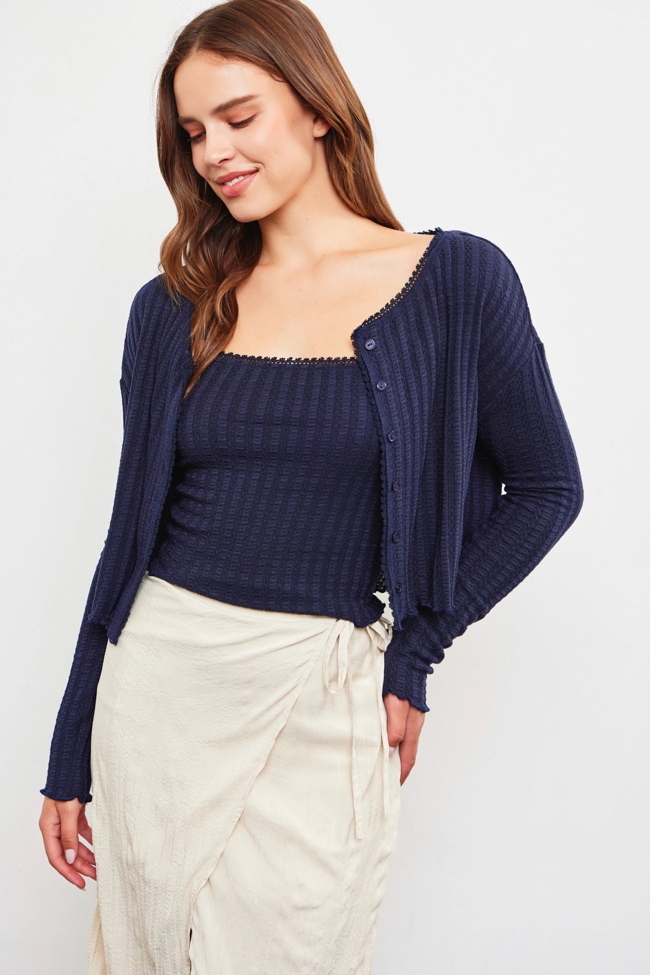 Waffle Knit Long Sleeve Crop Button Up Top