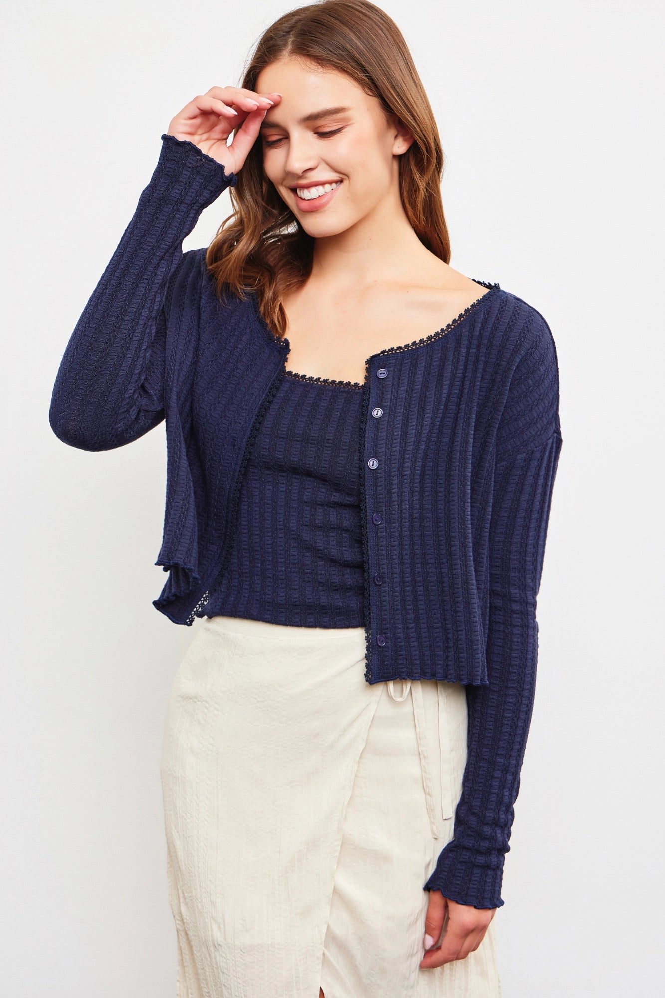 Waffle Knit Long Sleeve Crop Button Up Top