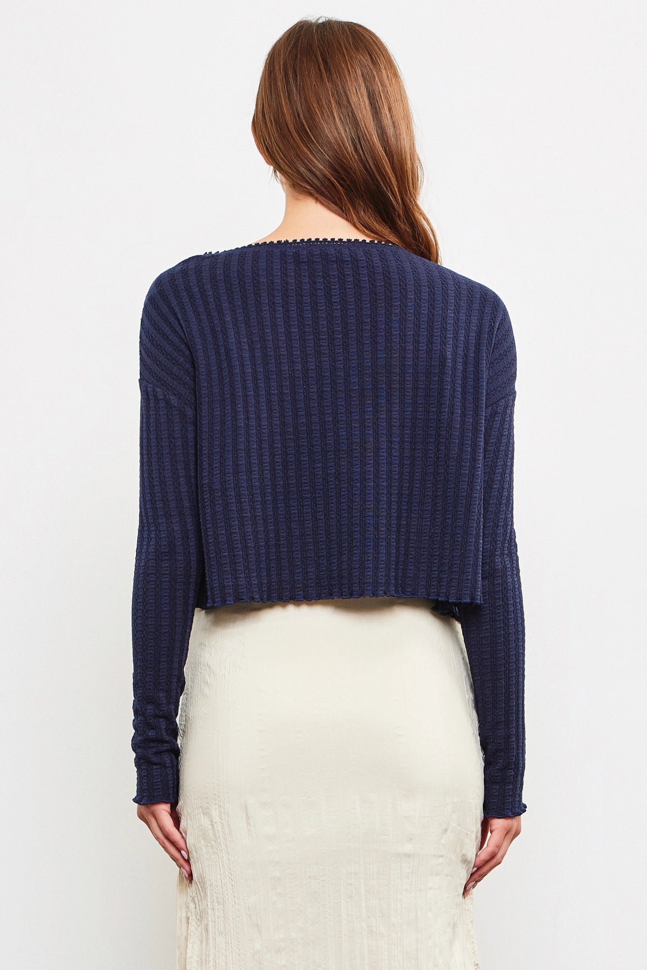 Waffle Knit Long Sleeve Crop Button Up Top