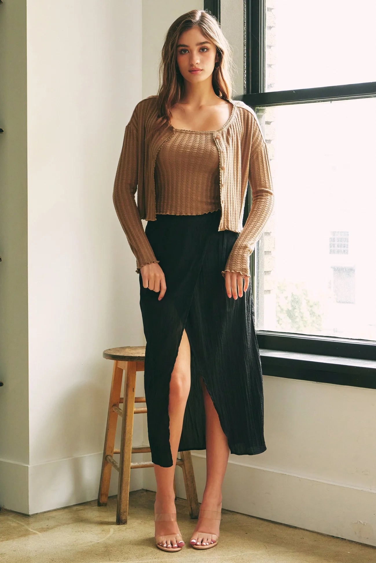 Waffle Knit Long Sleeve Crop Button Up Top