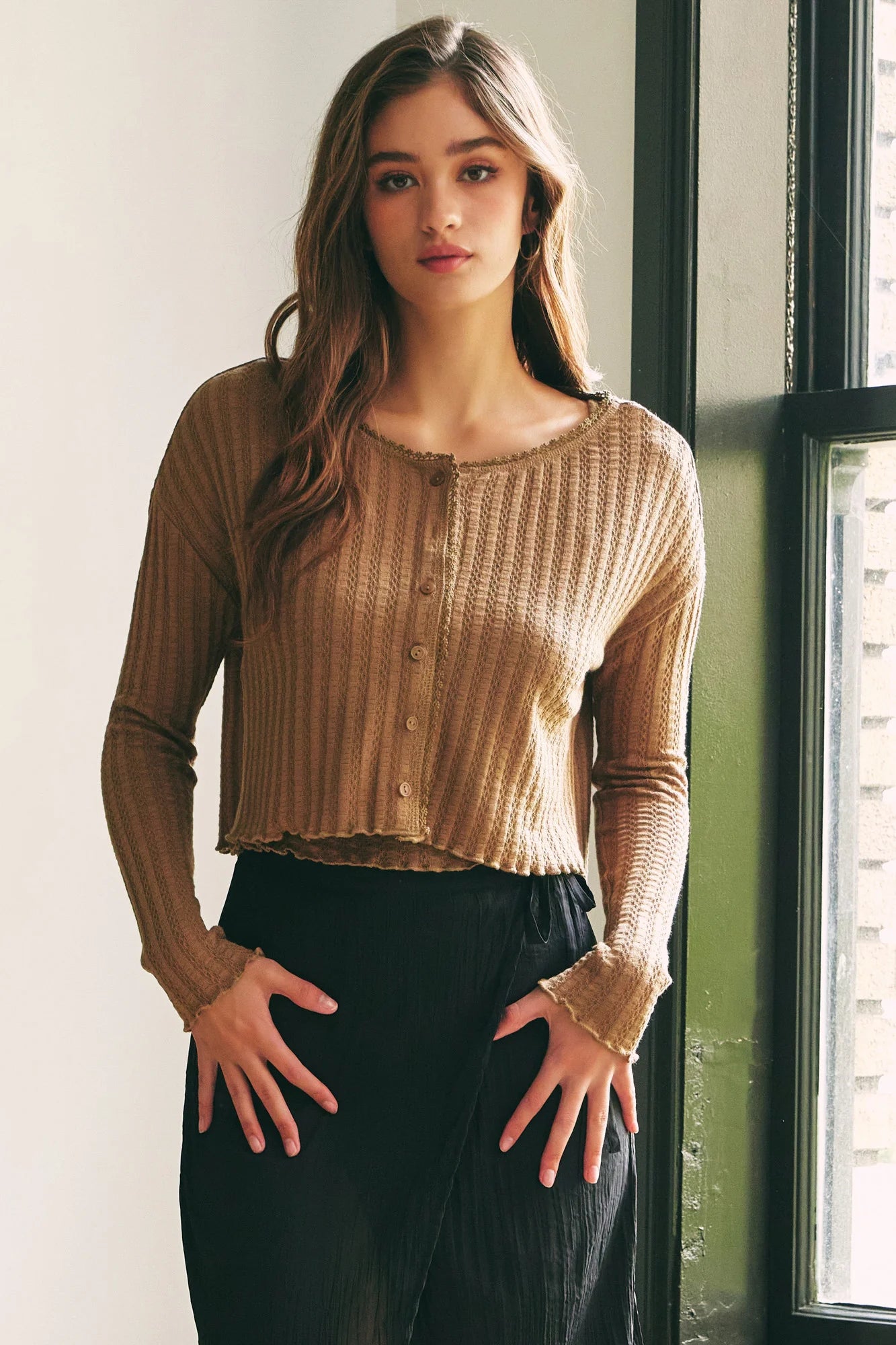 Waffle Knit Long Sleeve Crop Button Up Top