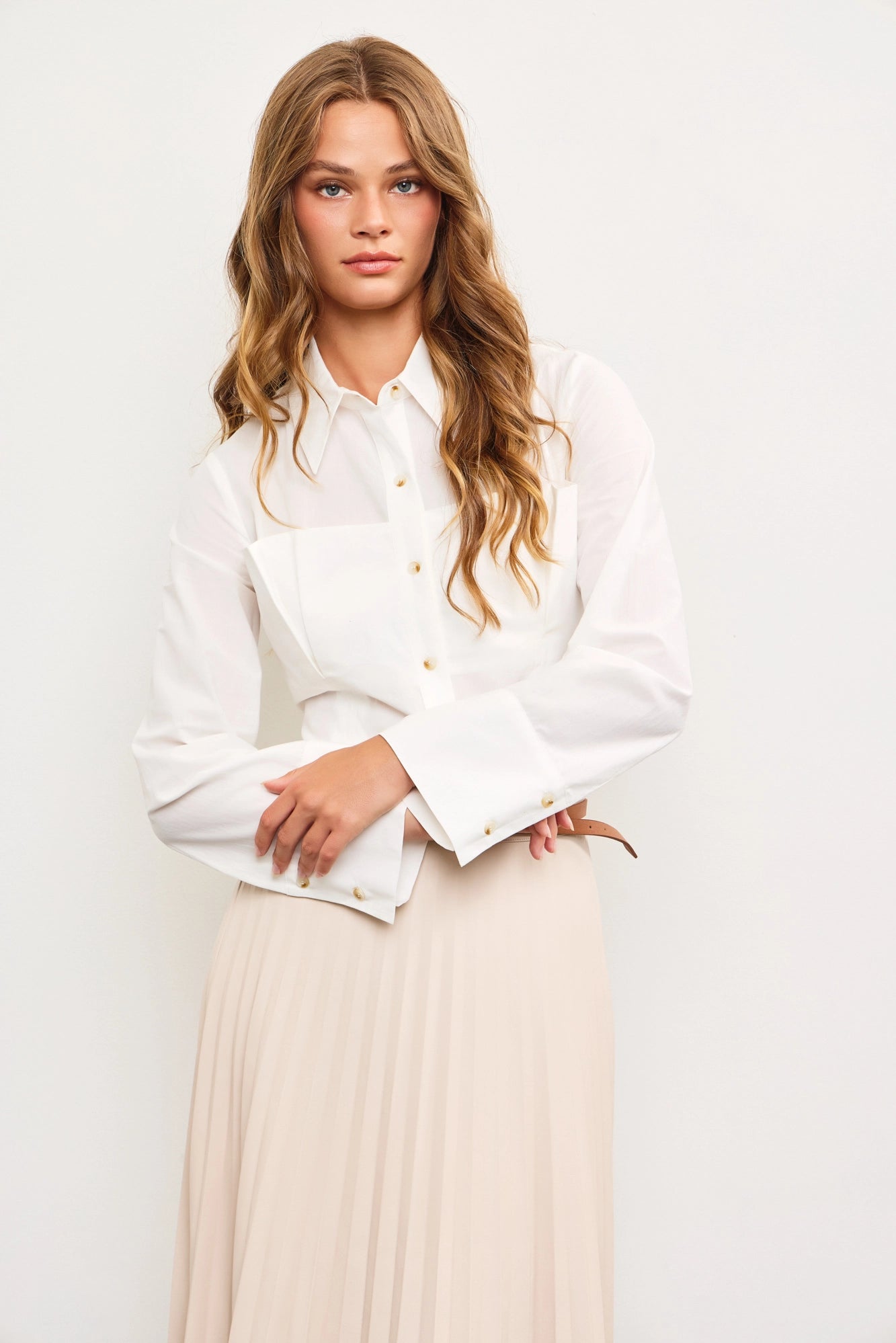 White Corset Back Button-Down Top Blouse