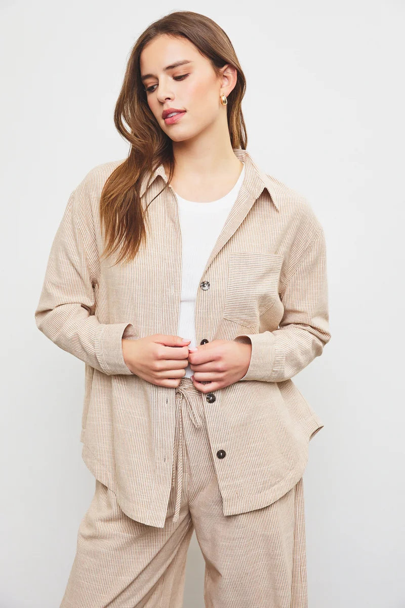 Long Sleeve Striped Collar Cotton Shirt