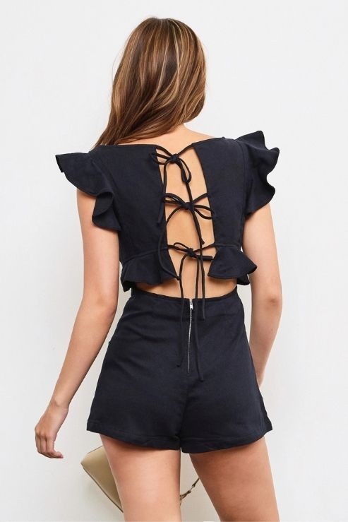 Ruffle Flutter Sleeve Tie-Back Black Romper