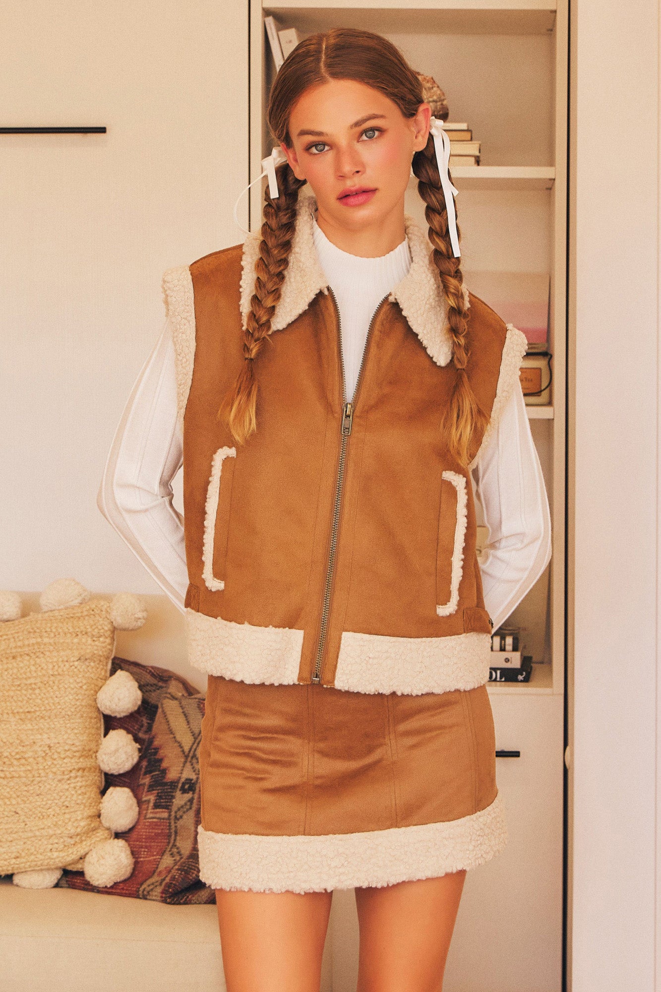 Faux Suede Fleece Sherpa Lined Front Pocket Vest