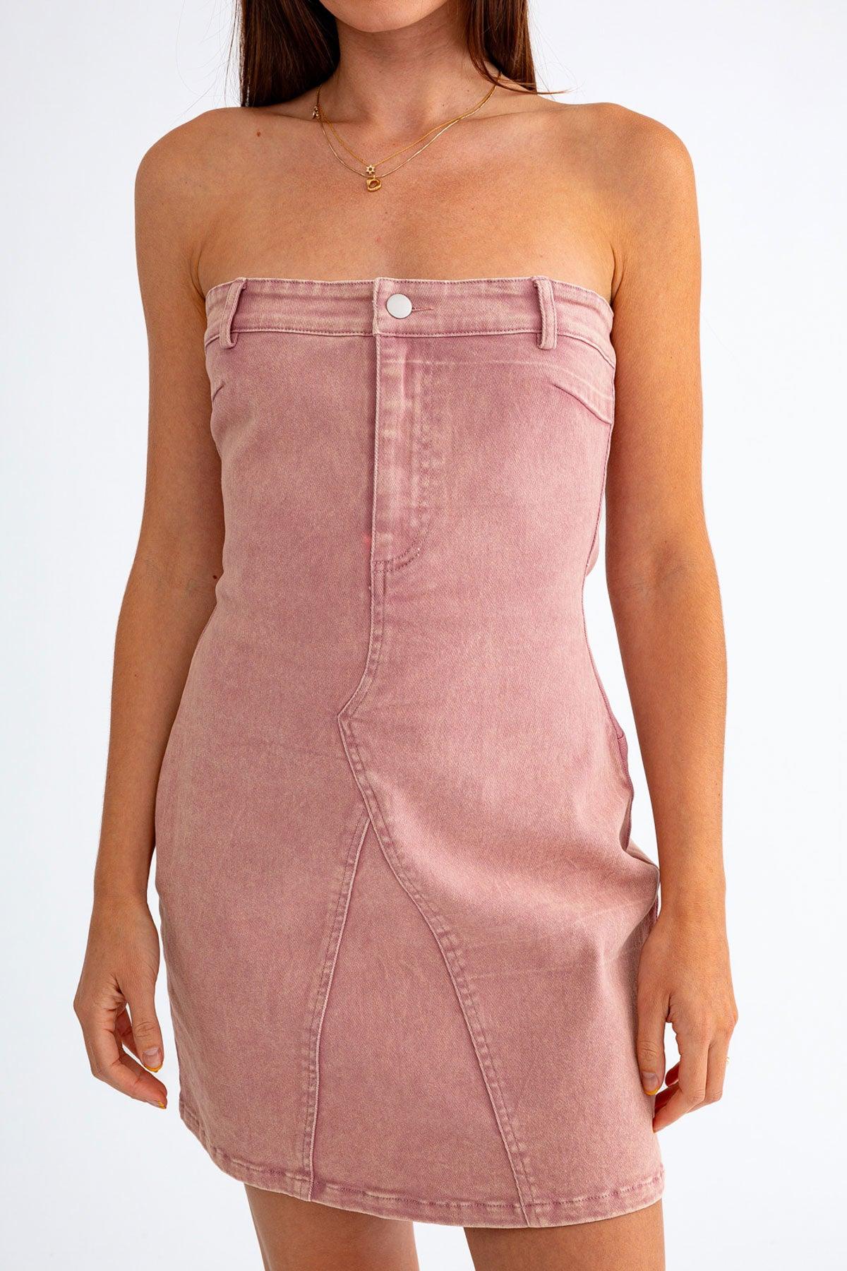 Dusty Pink Denim Tube Dress - Tasha Apparel Wholesale