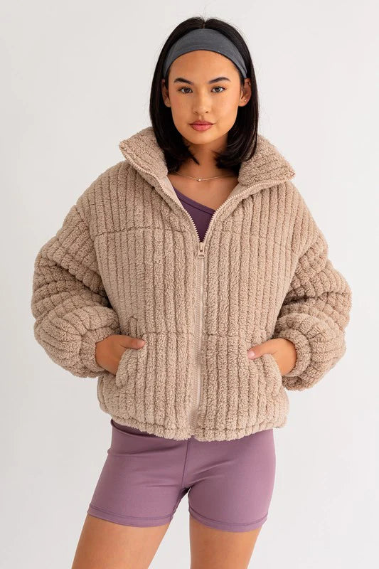 Zip Up Stand Up Collar Fuzzy Puff Jacket