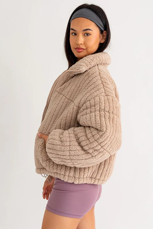 Zip Up Stand Up Collar Fuzzy Puff Jacket