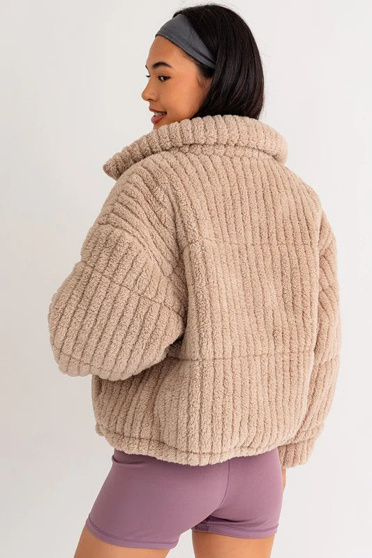 Zip Up Stand Up Collar Fuzzy Puff Jacket