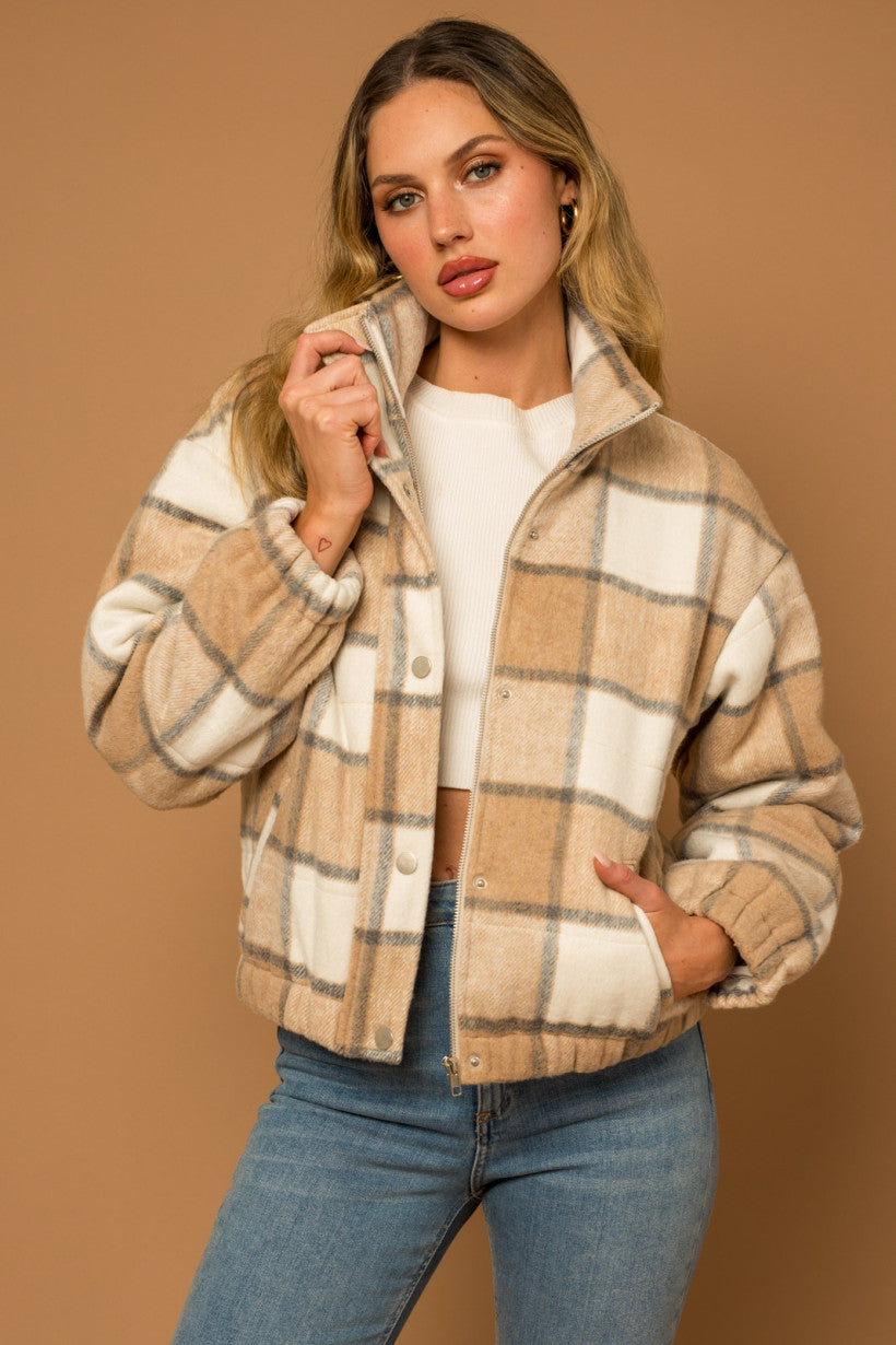 Plaid Elastic Waist Puffer Jacket