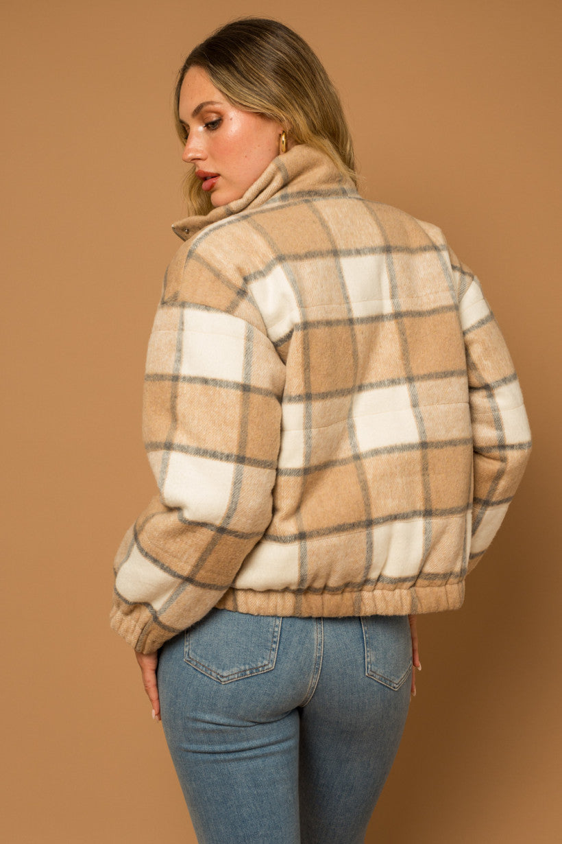 Plaid Elastic Waist Puffer Jacket