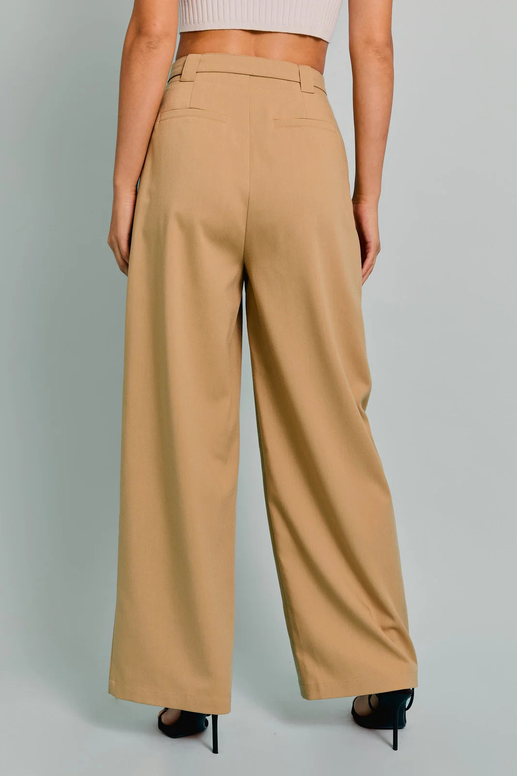 Camel Belted High Waist Wide Dressy Pants