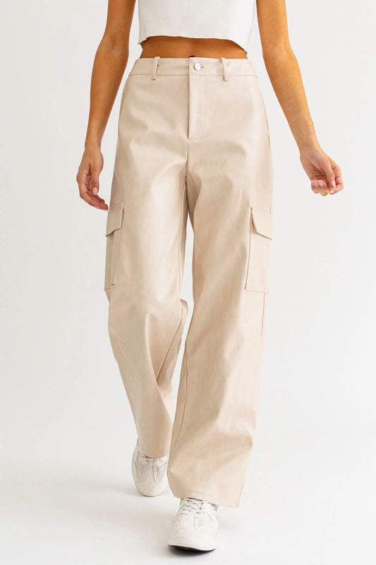 High Rise Faux Leather Cargo Pants