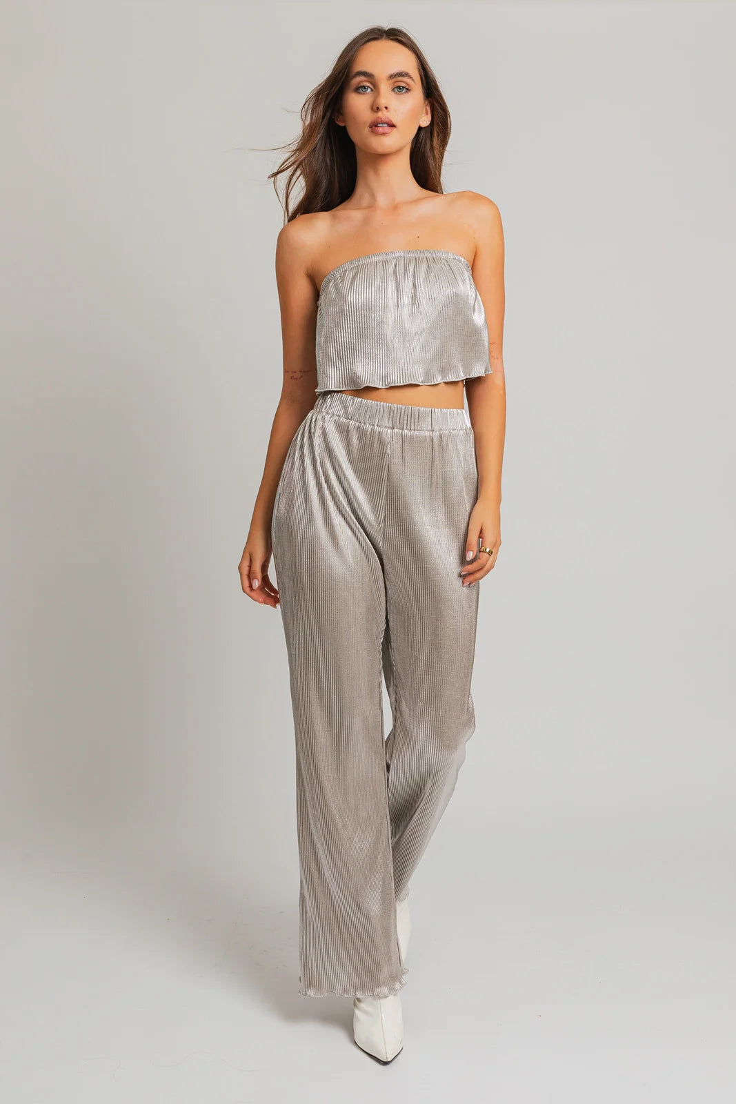 Shimmer Pleated Texture Crop Strapless Top