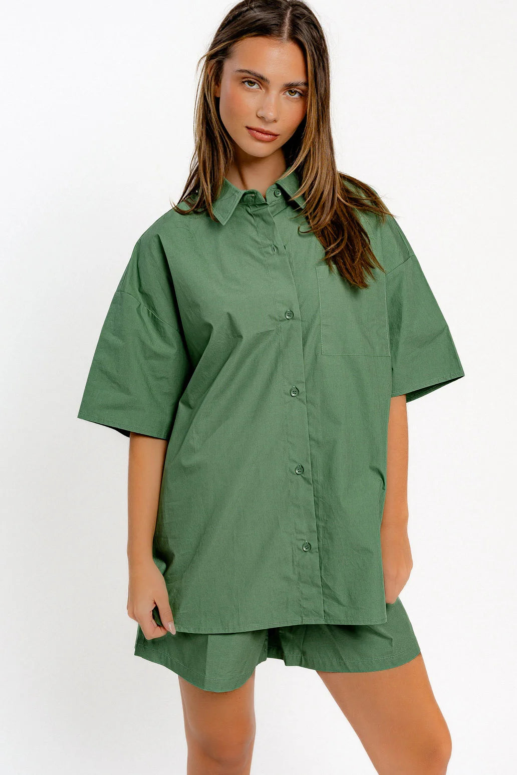 Oversized Cotton Front Pocket Short Sleeve Shirt