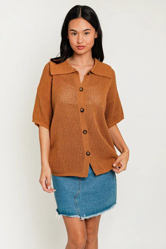 Short Sleeve Button Down Relax Collared Sweater Top