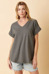 Casual Basic V-Neck Rolled Short Sleeve T-Shirt