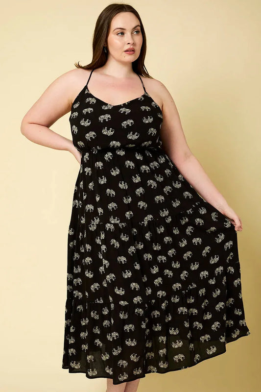 Plus Size Sleeveless Tiered Elephant Print Midi Dress - Tasha Apparel Wholesale