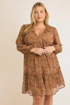 Plus Size Floral Shirring Detail Long Sleeve Mini Dress