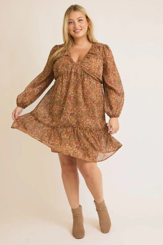 Plus Size Floral Shirring Detail Long Sleeve Mini Dress