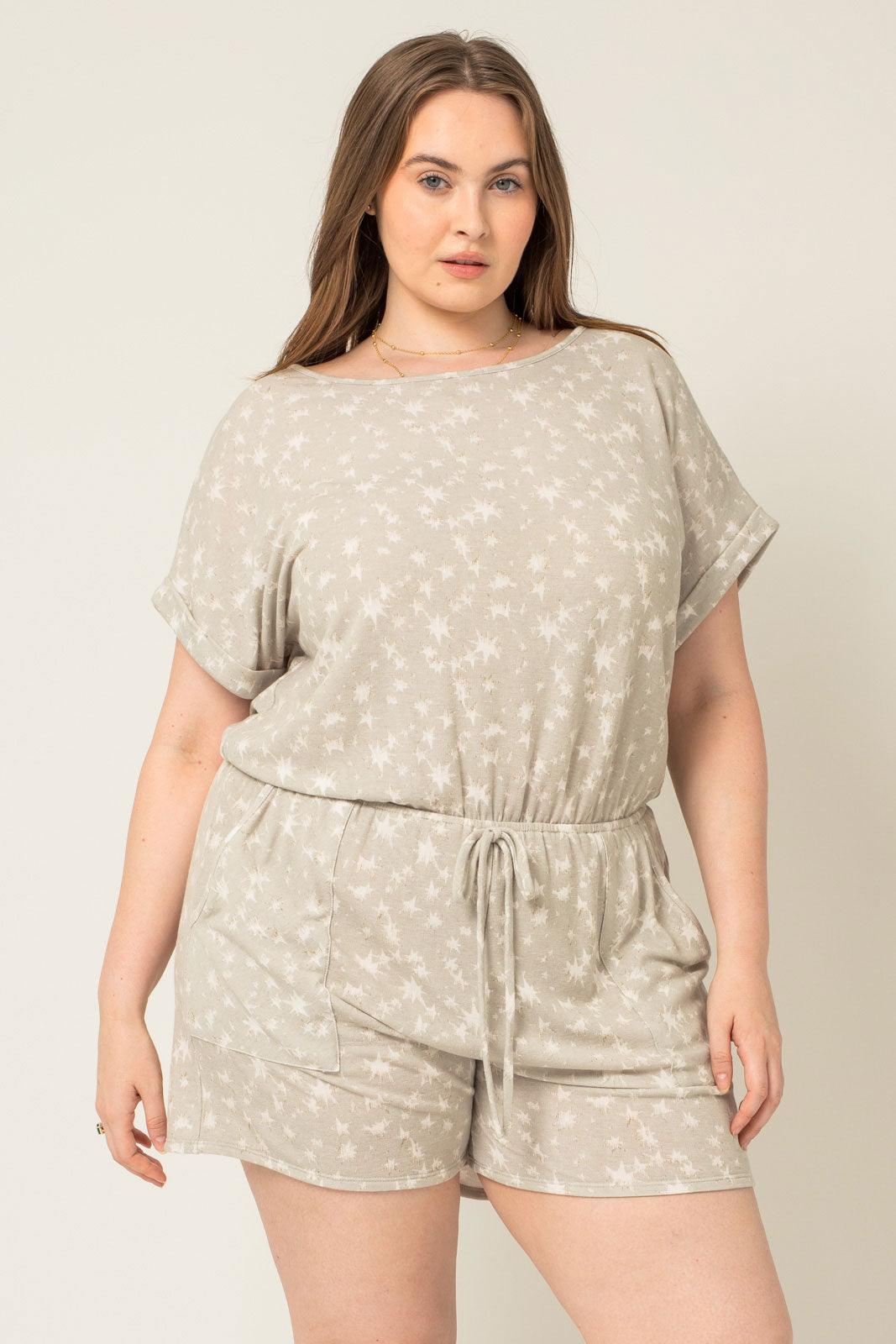 Plus Size Short Sleeve Front Pocket Star Print Romper - Tasha Apparel Wholesale