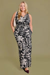 Plus Size Sleeveless Floral V-Neck Smocked Waist Jumpsuit