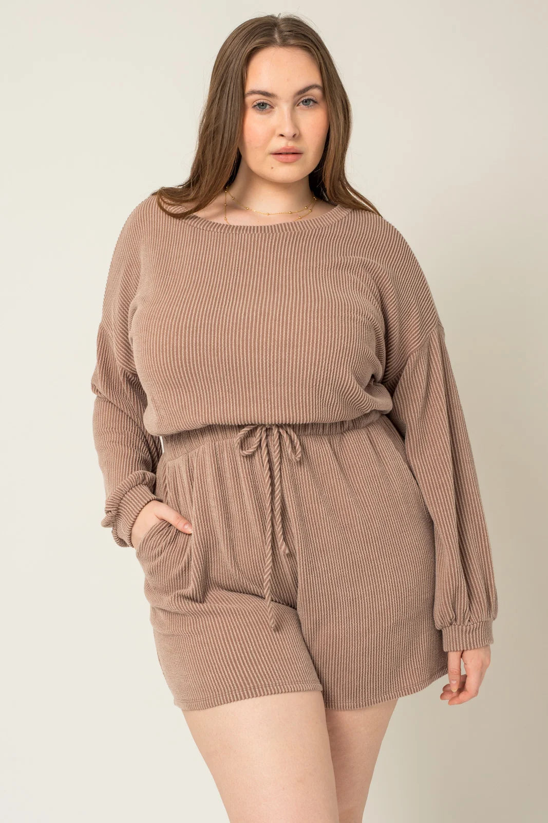 Plus Size Ribbed Long Sleeve Side Pocket Romper