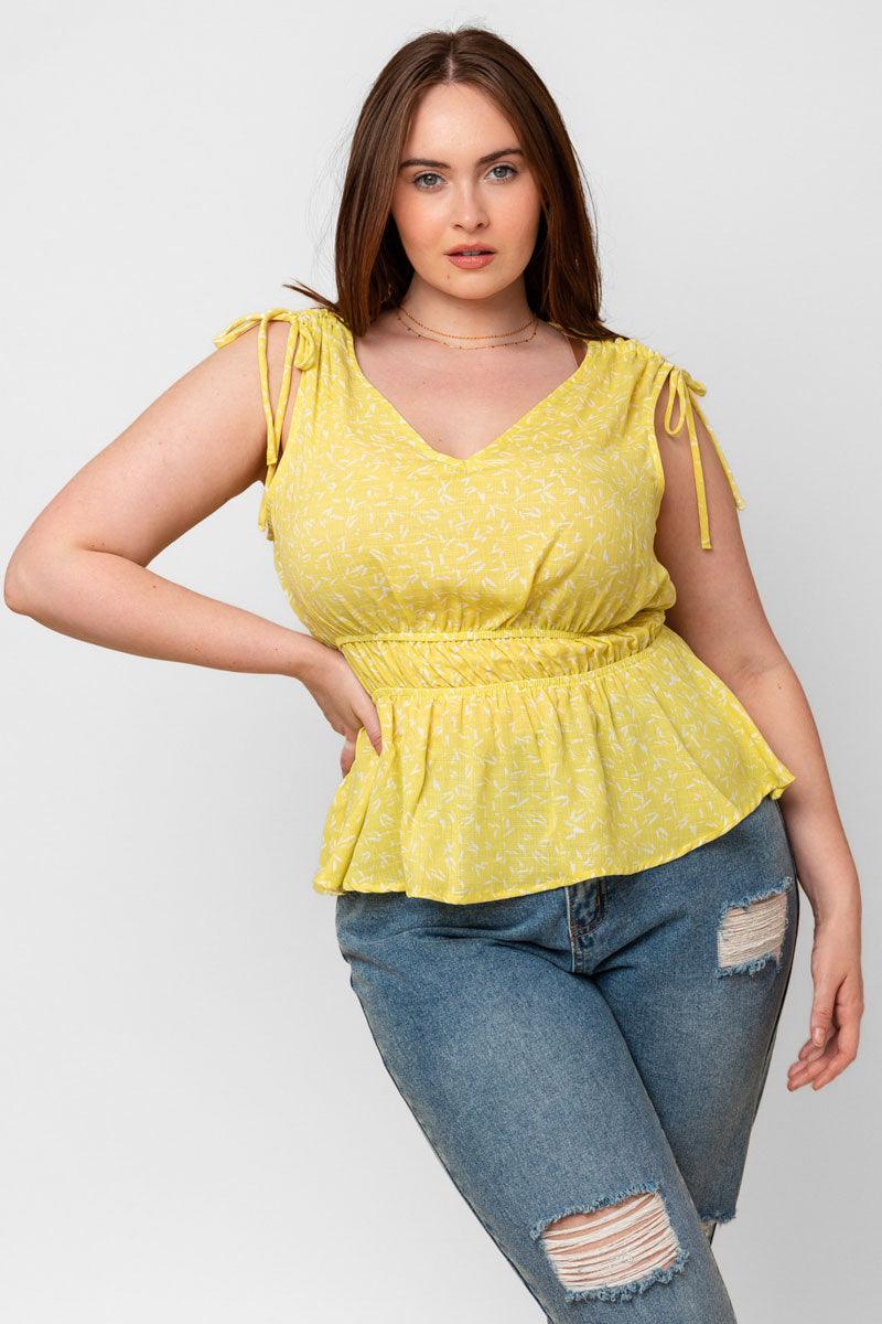 Plus Size Shoulder Ruched Elastic Waist Abstract Top - Tasha Apparel Wholesale