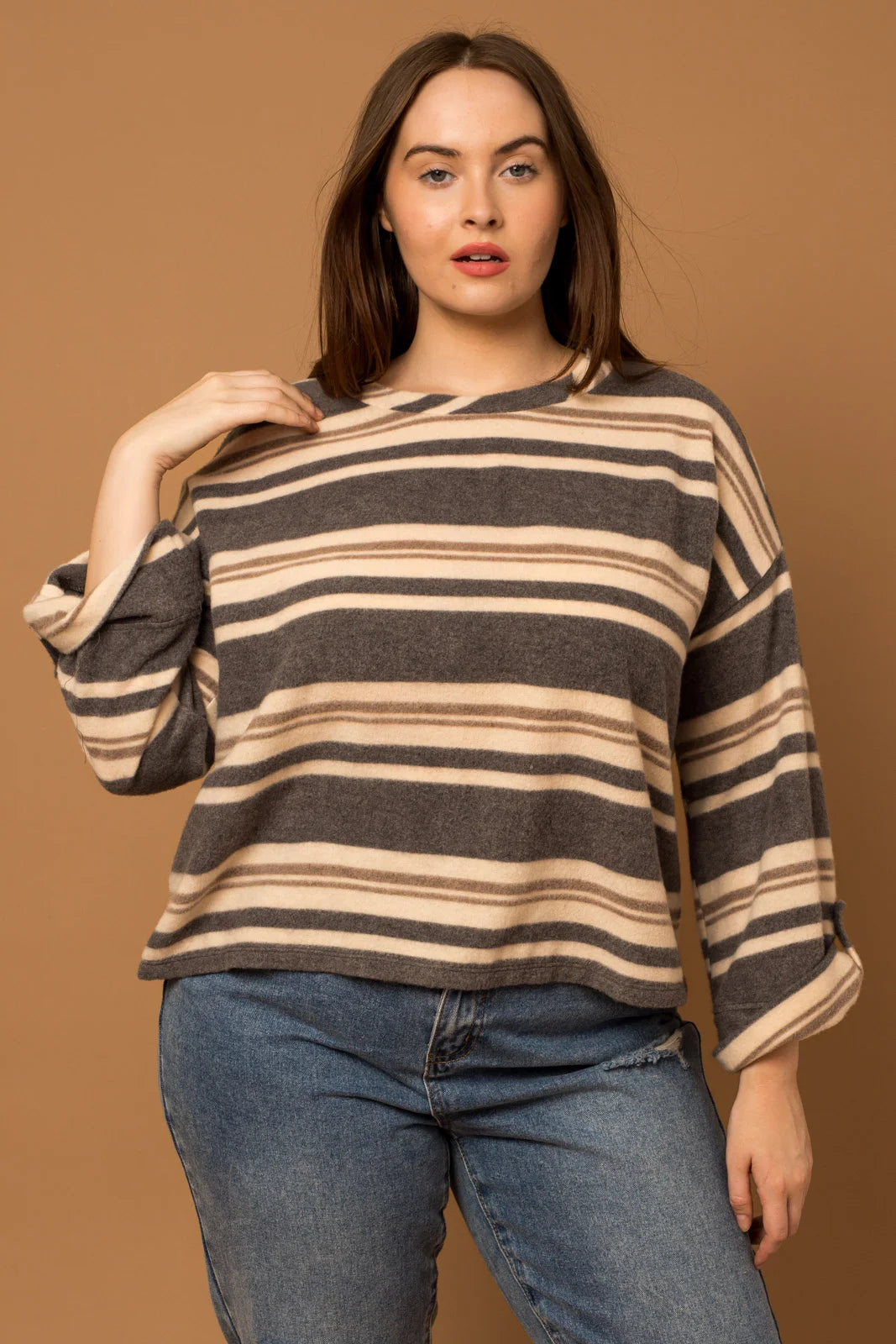 Plus Size striped Long Sleeve Round Neck Top