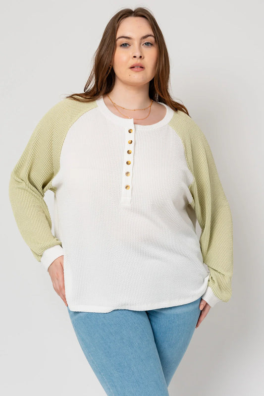 Plus Size Long Raglan Sleeves Front Button Top