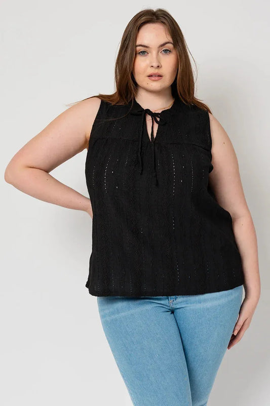 Plus Size Sleeveless Front Slit Self Tie Shirring Top - Tasha Apparel Wholesale