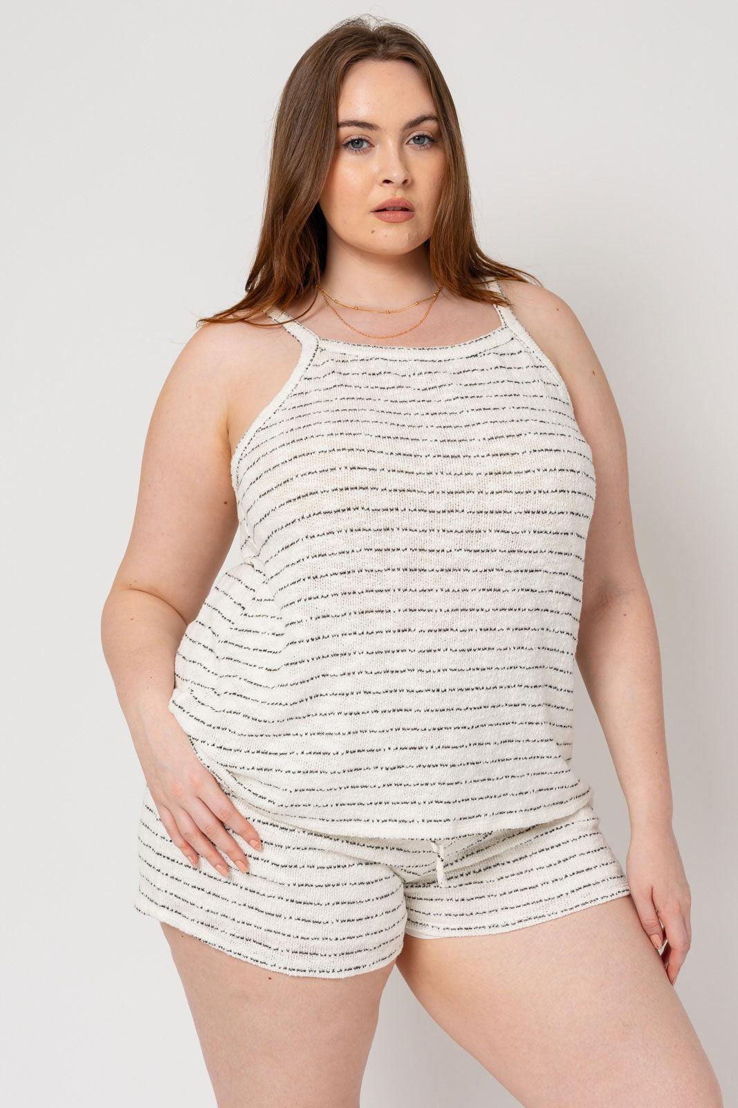 Plus Size Sleeveless Tie Shoulder Stripe Top & Self Tie Shorts Set - Tasha Apparel Wholesale