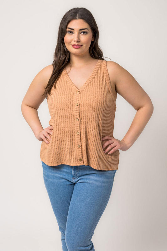 Plus Size Sleeveless V Neck Button Down Knit Top - Tasha Apparel Wholesale