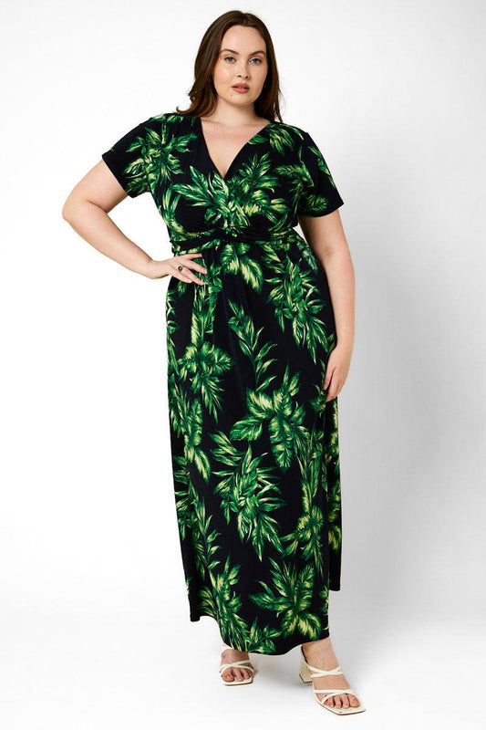 Plus Size Short Sleeve Front Twist Tropical Maxi Dress - Tasha Apparel Wholesale